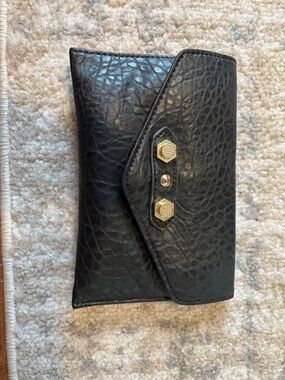 Black Textured Leather Wallet with Gold Hardware